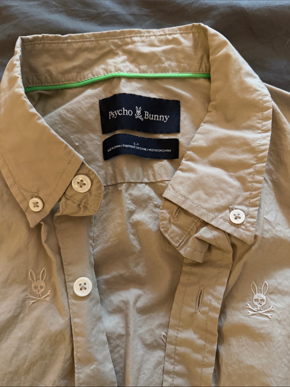 Psycho Bunny Khaki Shirt with Green Contrast Piping